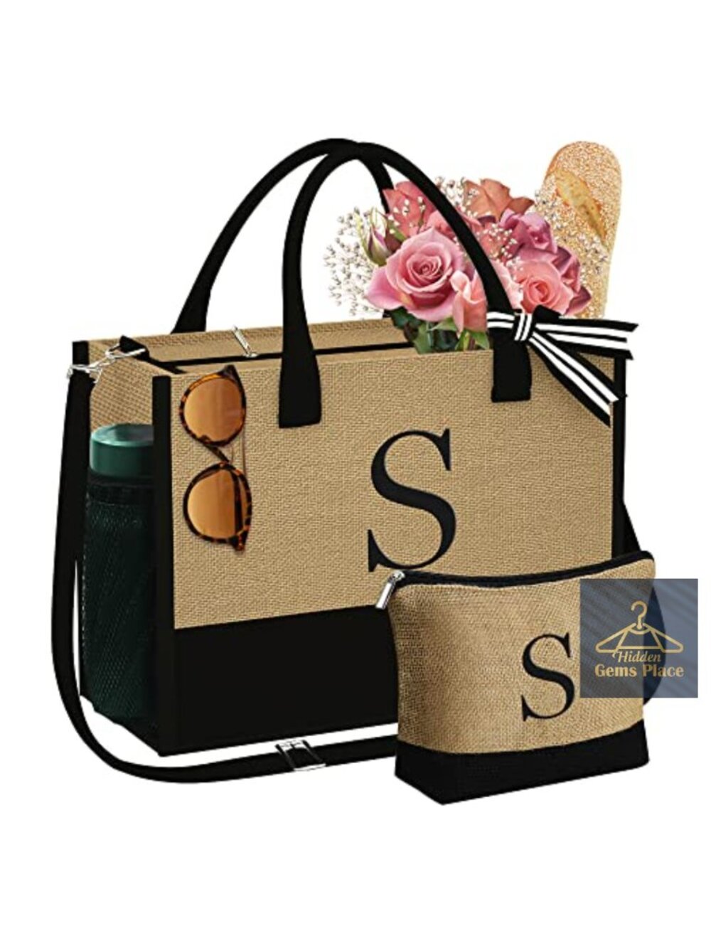 Jute Tote Bag Set & Makeup Bag Monogram Embroidered Zip Large